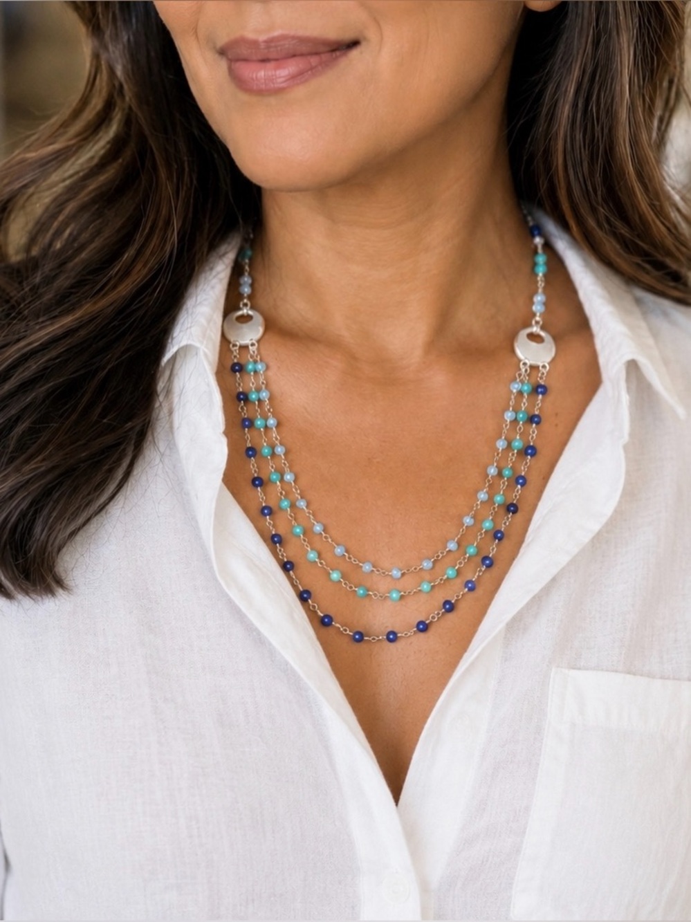 Layered Blue Lapis, Quartz, Blue Aquamarine Necklace